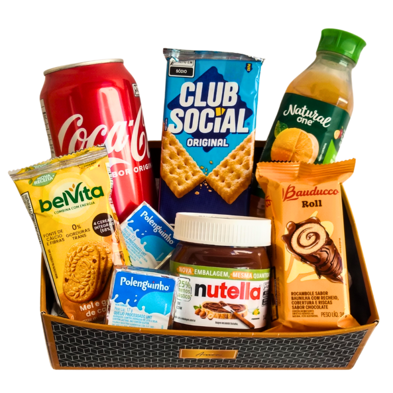 cesta de café da manhã com nutella, queiijo polenguinho, bolo bauducco, suco, bielvita, club social e coca-cola lata. Entrega grátis em São Paulo, São Bernardo do Campo , Santo André e São Caetano do Sul.